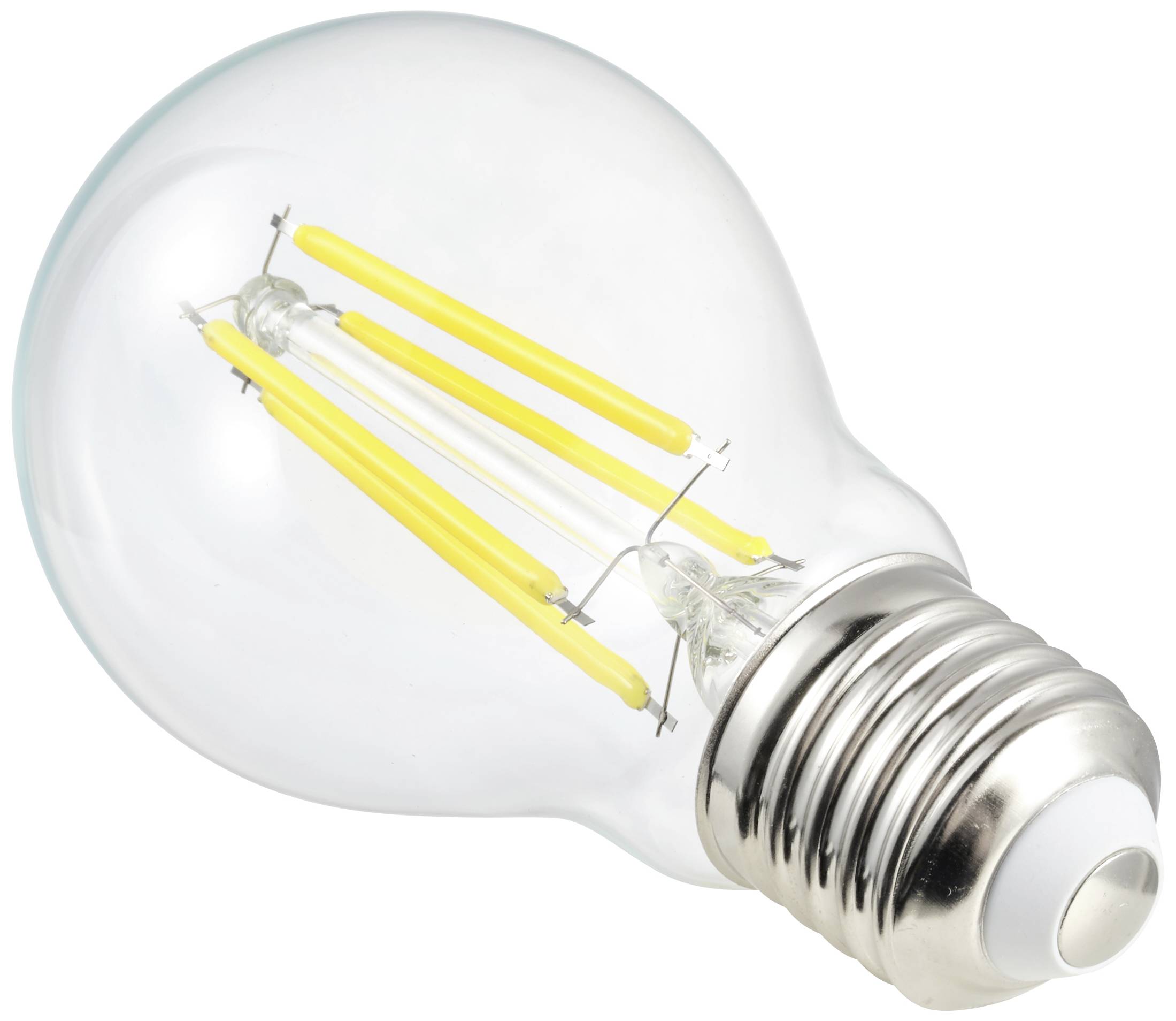 En glödlampa med gula LED-filament, typisk för energieffektiva ljuskällor.