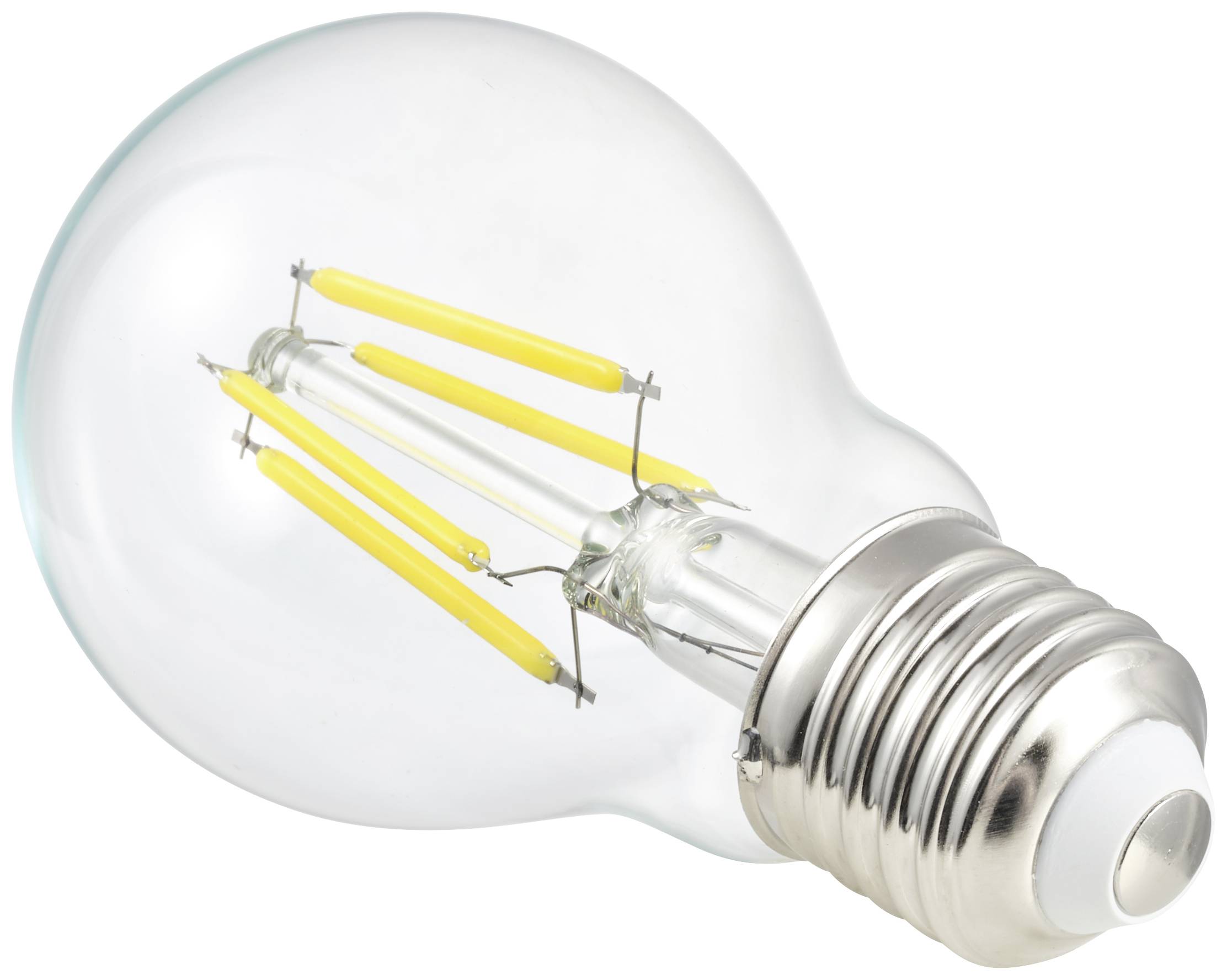 En LED-glödlampa med synliga gula filament och en metallsockel. Den är avslagen och ligger på sidan.