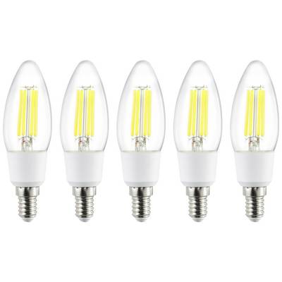 Fem LED-glödlampor med synliga filament står upprätt bredvid varandra. Varje lampa har en E14-sockel och ett klart glasöverdrag.
