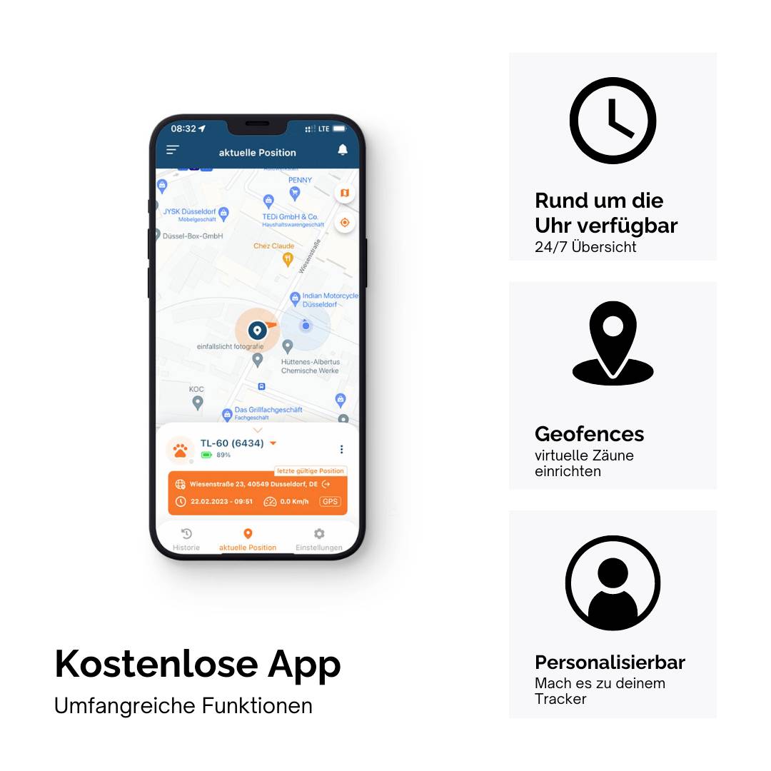 En smartphone visar en karta från en tracking-app. Bredvid till höger finns punkter: 'Tillgänglig dygnet runt', 'Geofences' och 'Anpassningsbar'.