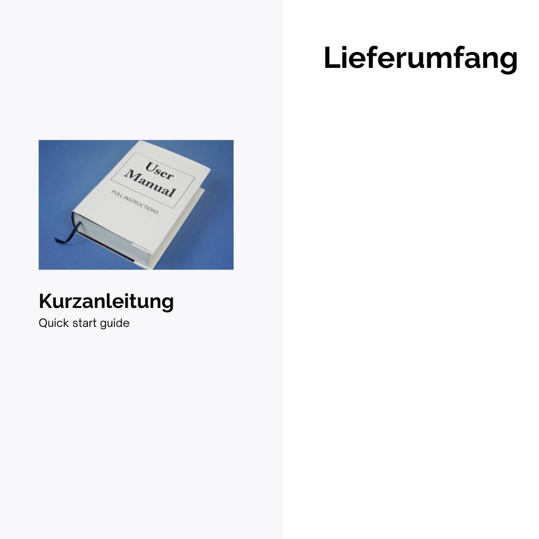 Användarhandbok med texten 'Användarmanual'. Bredvid står 'Snabbguide' och 'Leveransomfattning'.