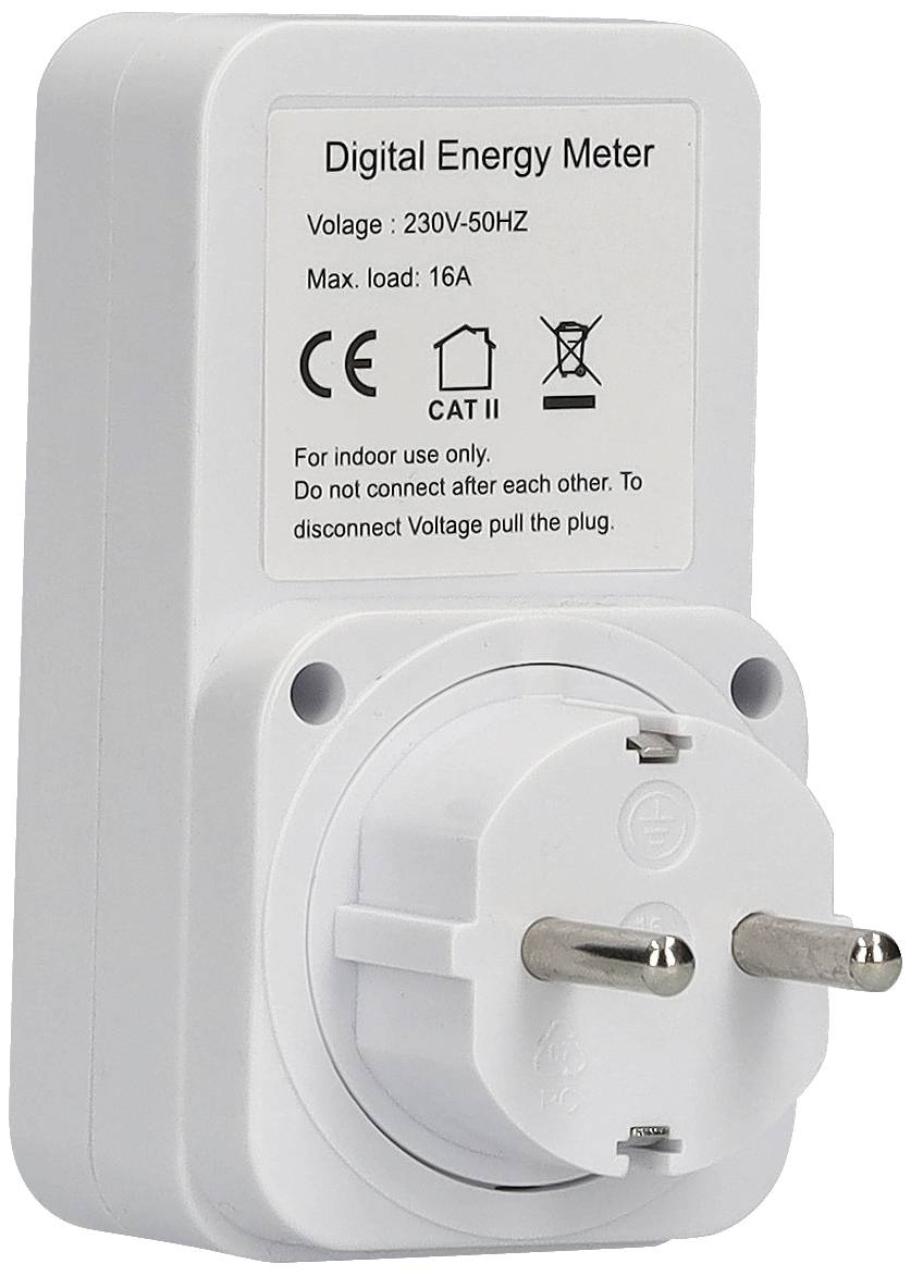 Digital energimätarinsticksdon, lämplig för 230V-50HZ, maximal belastning 16A, endast för inomhusbruk.