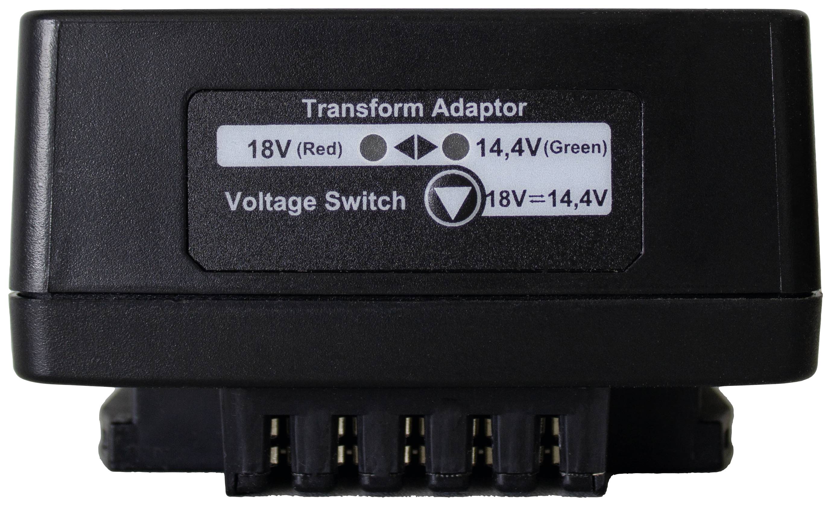 Svart transformatoradapter med två spänningsinställningar: '18V (Röd)' och '14,4V (Grön)'. Omkopplare för spänningsbyte.