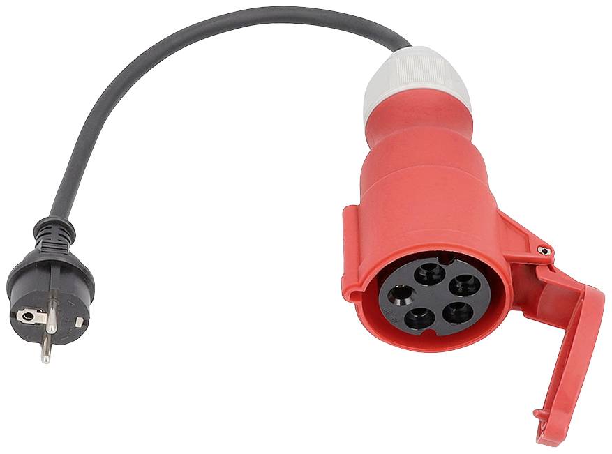 En röd adapter för elanslutningar med en treplig Schuko-kontakt på ena sidan och ett rundligt, fyrpoligt uttag på den andra sidan.