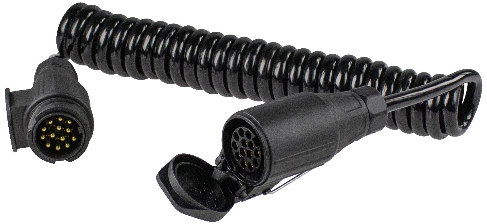 En spiralformad svart kabel med kontakter i ändarna som har flera förgyllda stift, lämplig för anslutning av elektroniska enheter.