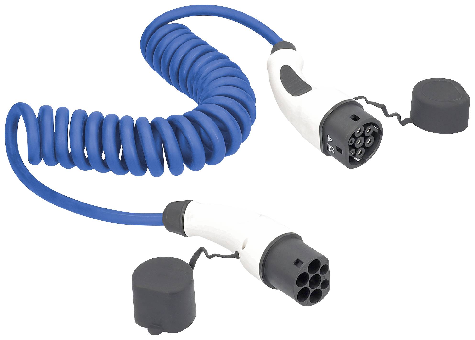 En blå, spiralformad laddkabel för elbilar med två svarta kontakter och skyddslock, mot en vit bakgrund.