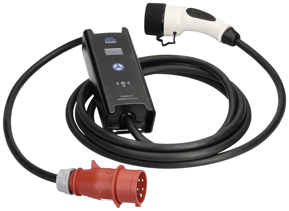 En bärbar laddningsstation för elfordon med en röd industripropp och en vit laddningskontakt.