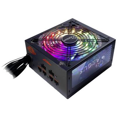 Ett nätaggregat med synlig fläkt, belyst med RGB-färger. Kabelanslutningar på sidan, svart hölje.