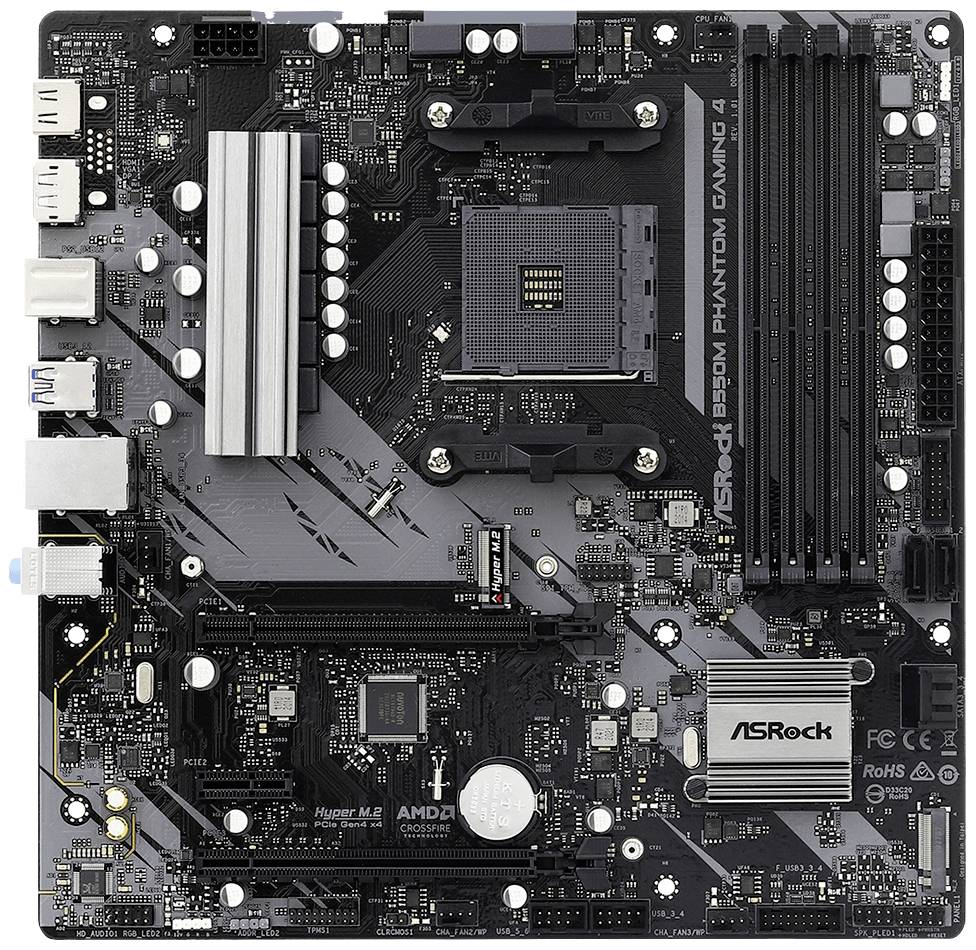Bilden visar ett ASRock B550M Phantom Gaming 4 moderkort, lämpligt för AMD-processorer, med fyra RAM-platser och flera anslutningar.