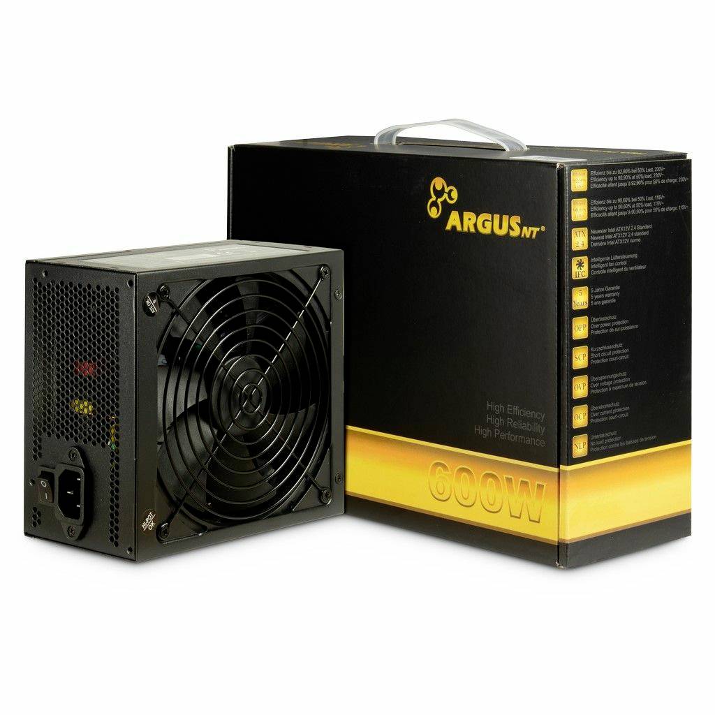 Strömförsörjningsenhet med fläkt framför en förpackning märkt 'ARGUS', betonar hög effektivitet och prestanda på 600W.