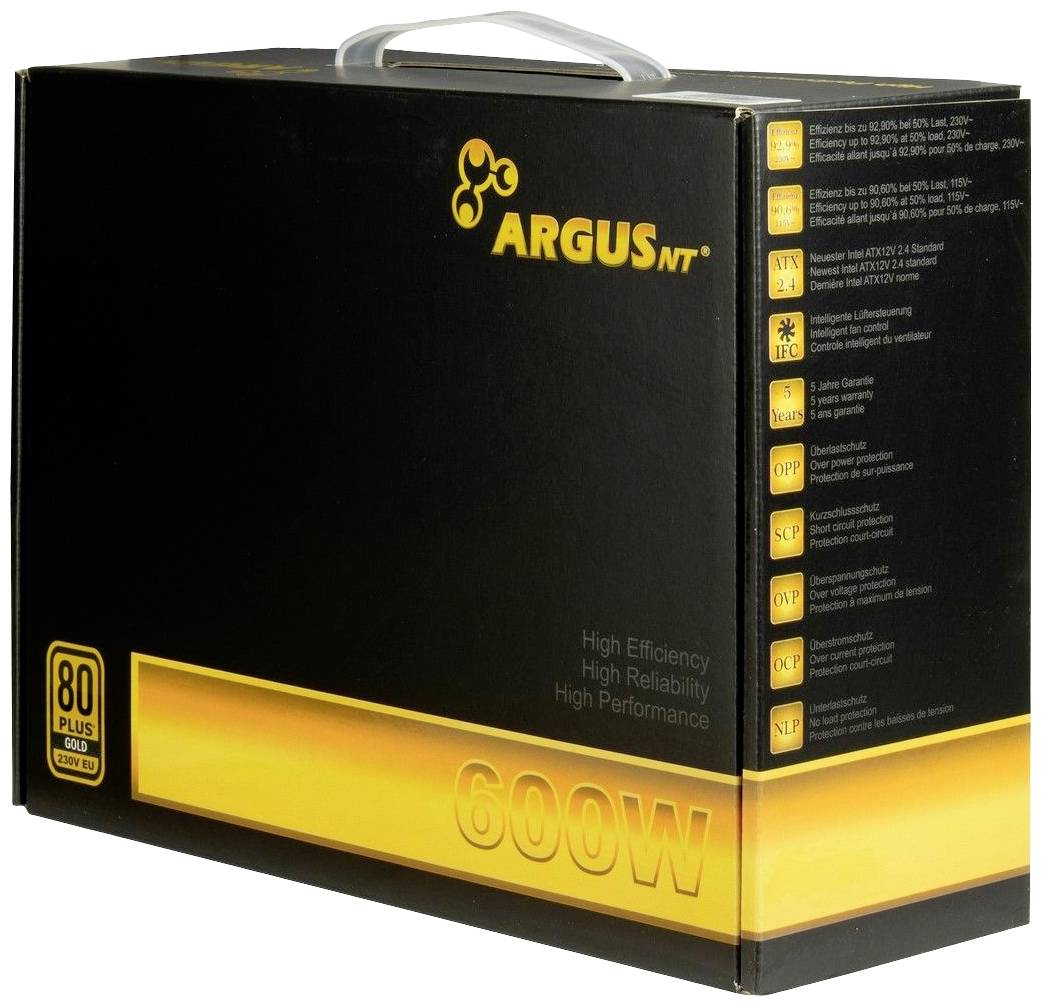 Svart förpackning för en Argus NT 600W strömförsörjning, framhävd med gula detaljer. Bilden visar effektivitets- och säkerhetsfunktioner.