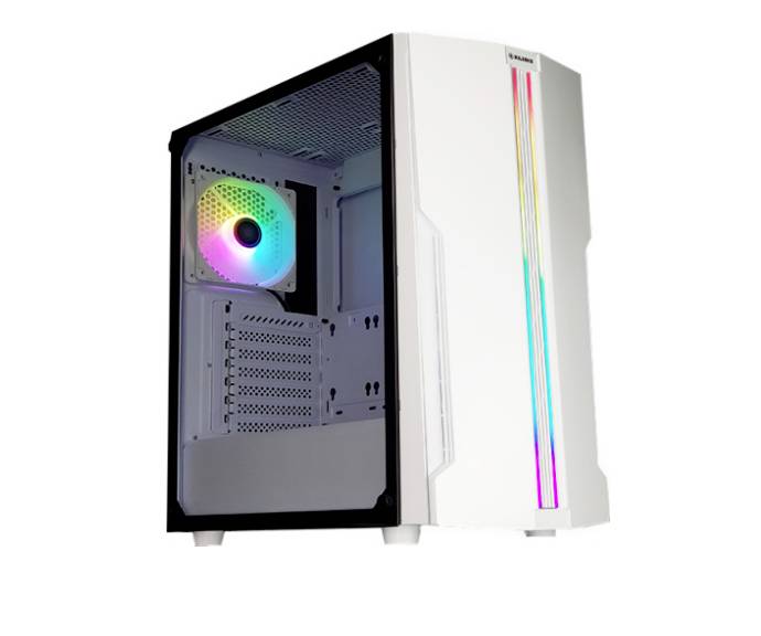 Ett vitt datorhölje med ett genomskinligt sidofönster visar en installerad fläkt med RGB-belysning och färgglada ränder framtill.