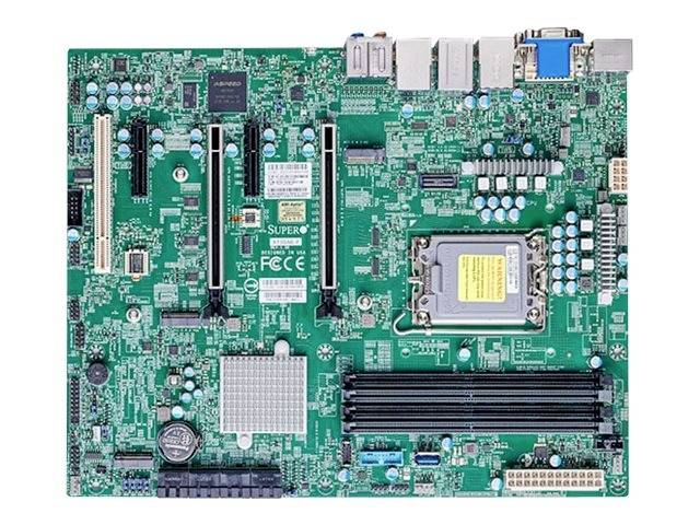 Moderkort med flera komponenter och anslutningar för datorhårdvara, inklusive RAM-platser, CPU-sockel och olika anslutningar.
