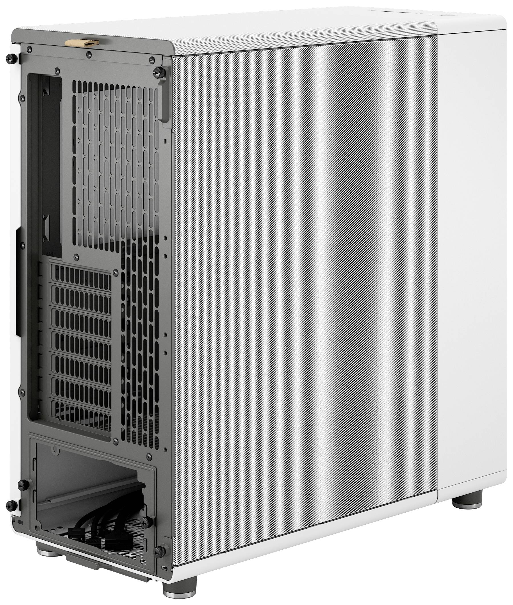 Vitt datorhölje med sidventilation och öppen baksida. Lämplig för installation av PC-komponenter.