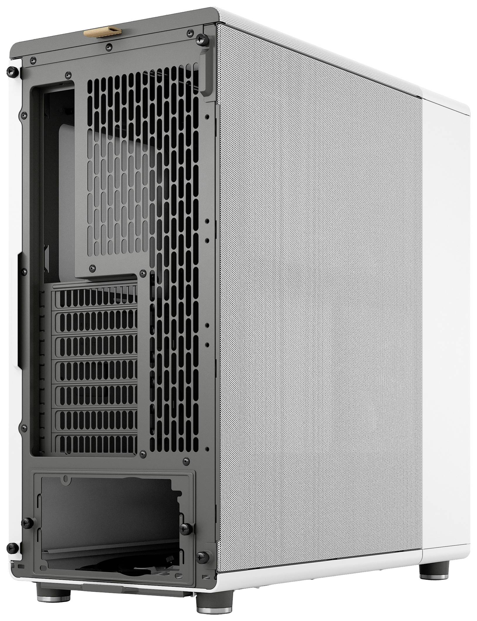 Stål PC-hölje med öppen baksida, sidopanel med nätmönster för luftcirkulation och ben, lämpligt för datorbygge.