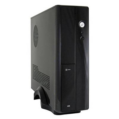 Svart stationär dator i torndatorformat, stående, med synliga USB- och strömportar på framsidan och ventilationsspringor på sidan.
