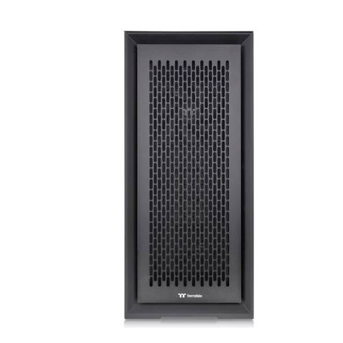 Ett svart PC-hölje från Thermaltake med ett vertikalt ventilationsgaller framtill. Enkelt, modernt design.