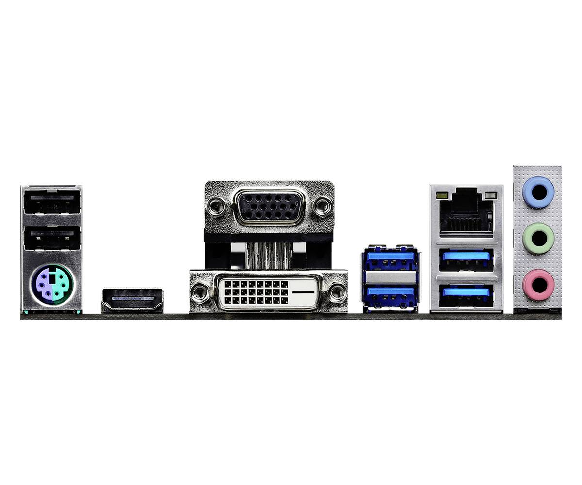 Baksidan av ett datormoderkort med olika anslutningar: VGA, DVI, USB, HDMI, Ethernet och Audio. Färgglada ljudanslutningar till höger.