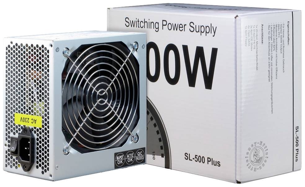 Nätadapter med fläkt och anslutningskabel, bredvid originalförpackning märkt '500W'. Lämplig för datorhårdvara.