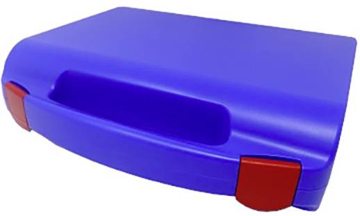 Blå plastlunchbox med röd förslutning.