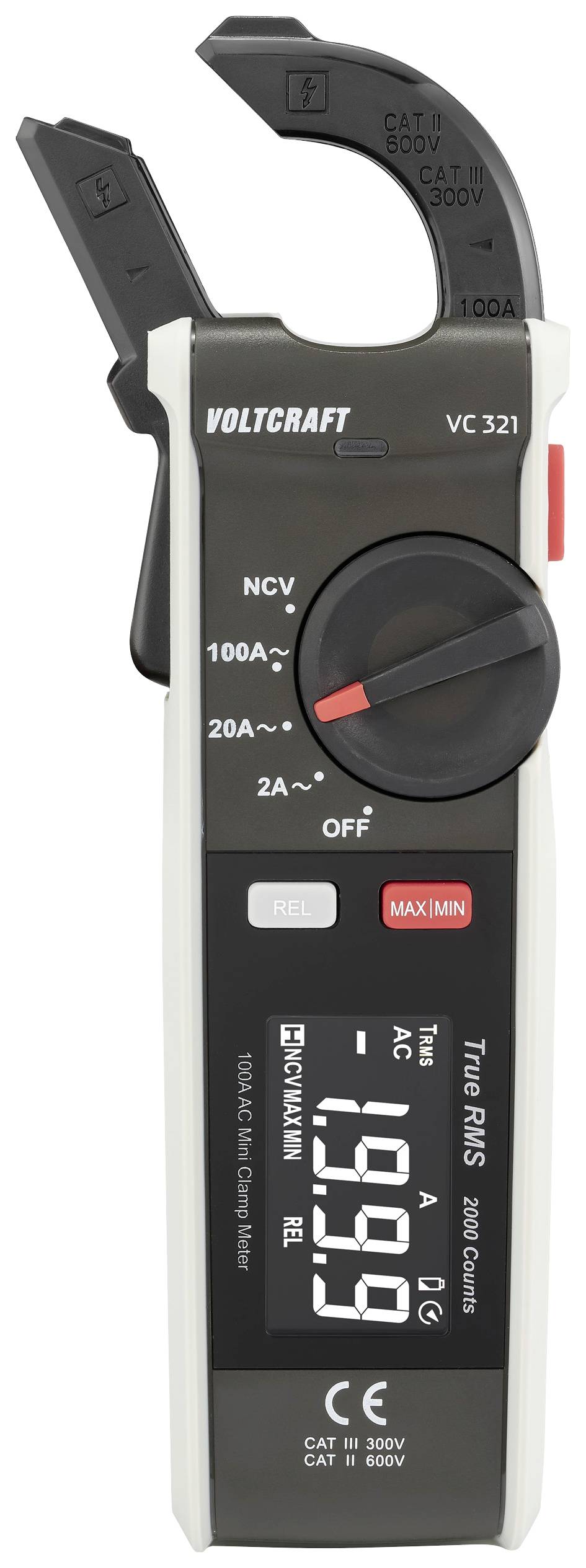 Ett digitalt tångmätinstrument visar ett mätvärde på '19,99 A' på displayen. Det har tre inställningsmöjligheter för strömstyrka.