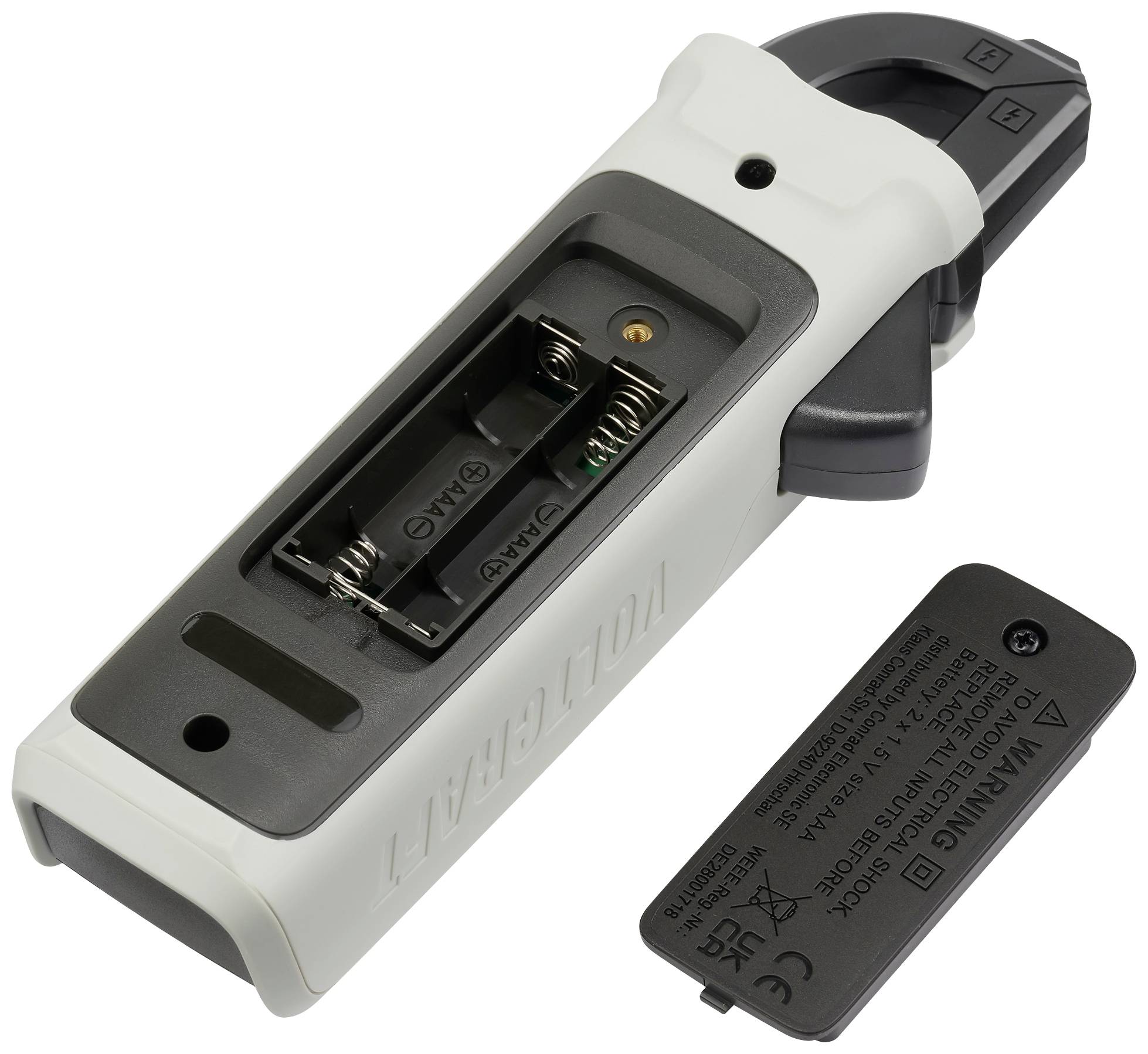 En vit, elektronisk enhet med ett öppet batterifack och batterilocket avlägsnat bredvid.