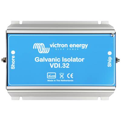 Blå enhet märkt 'Victron Energy Galvanic Isolator VDI-32'. Till vänster 'Shore', till höger 'Ship', nedtill certifikat.