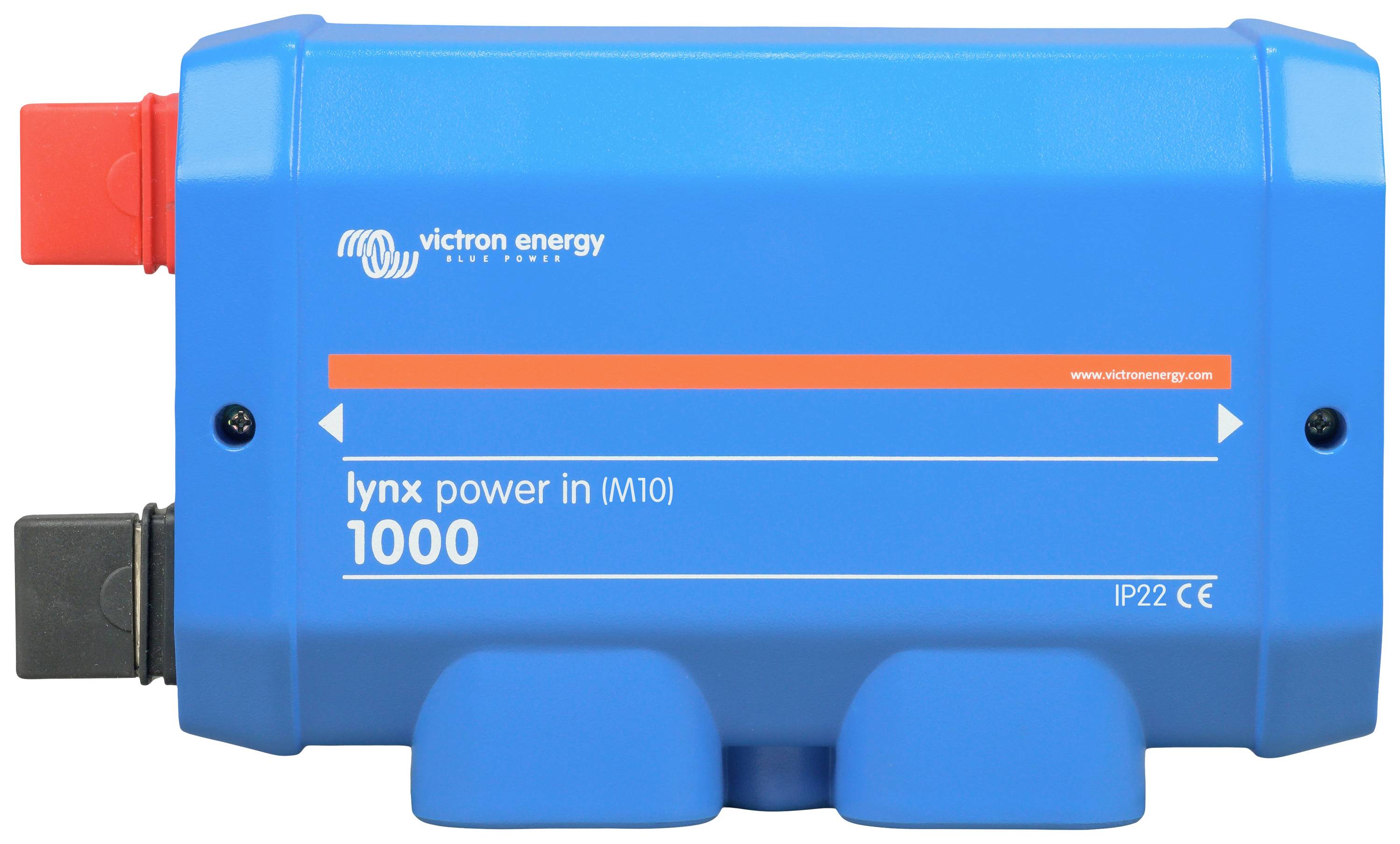 En blå enhet med texten 'lynx power in (M10) 1000' och Victron Energy-logotyp. Den har anslutningar på båda sidor.