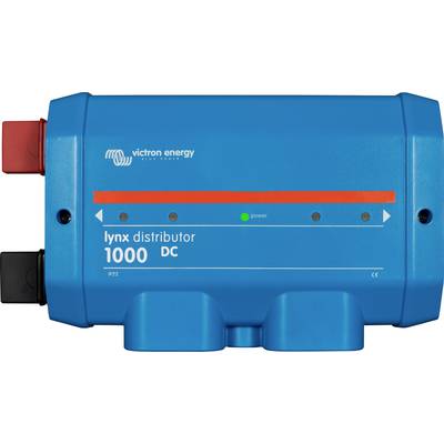 Blå fördelare märkt 'lynx distributor 1000 DC' med kontrollampor. Från Victron Energy, använd i energidistributionssystem.