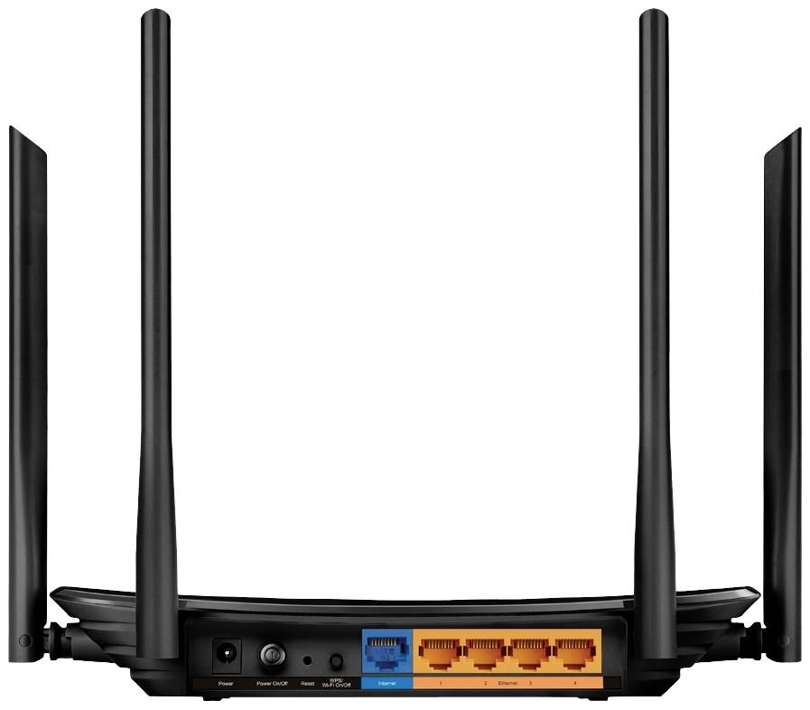 En WLAN-router med fyra antenner och flera Ethernet-portar på baksidan, visar anslutningsalternativ för nätverkskablar.