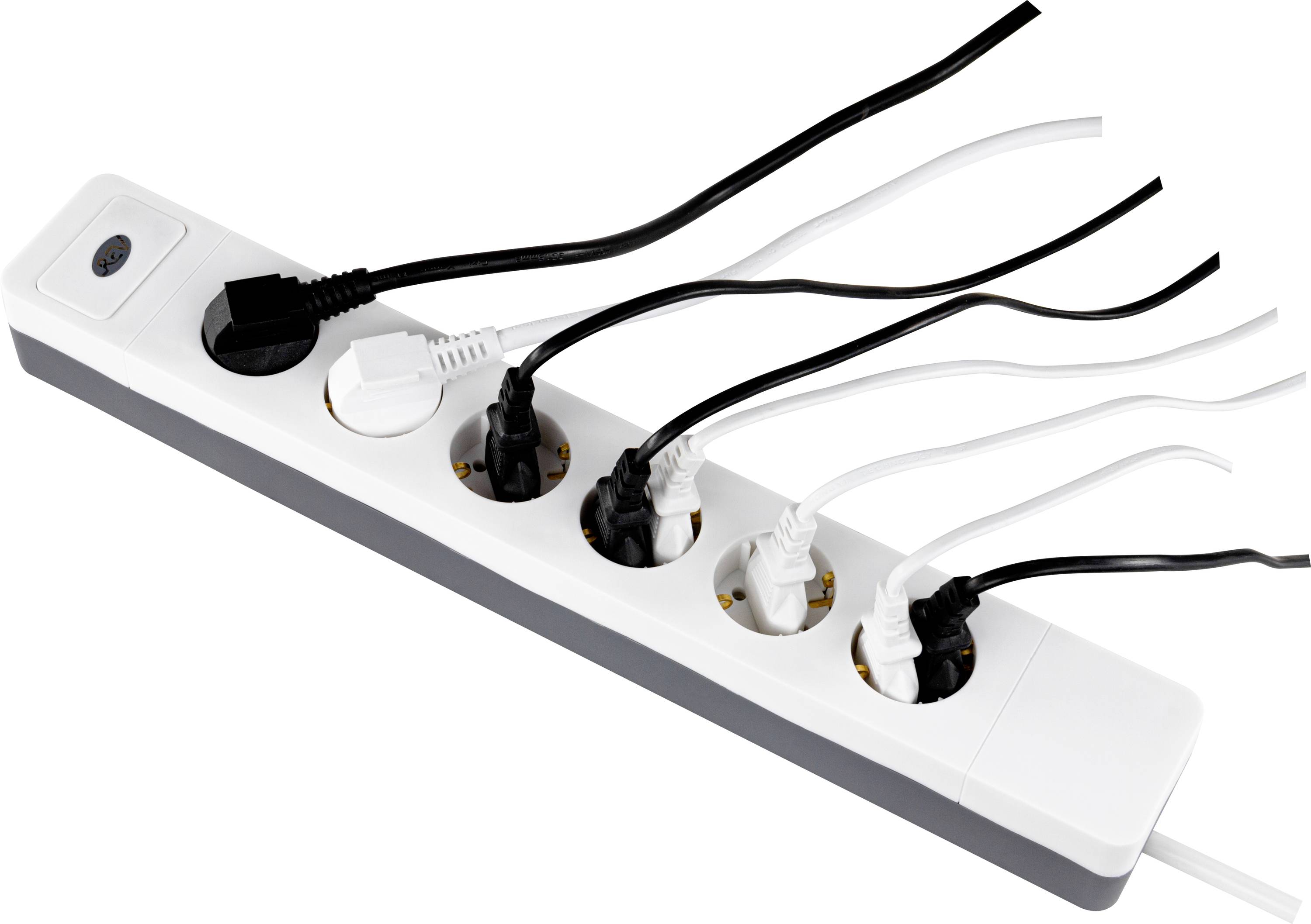 En vit grenuttag med sex uttag, varav fem är anslutna med svarta och vita sladdar.