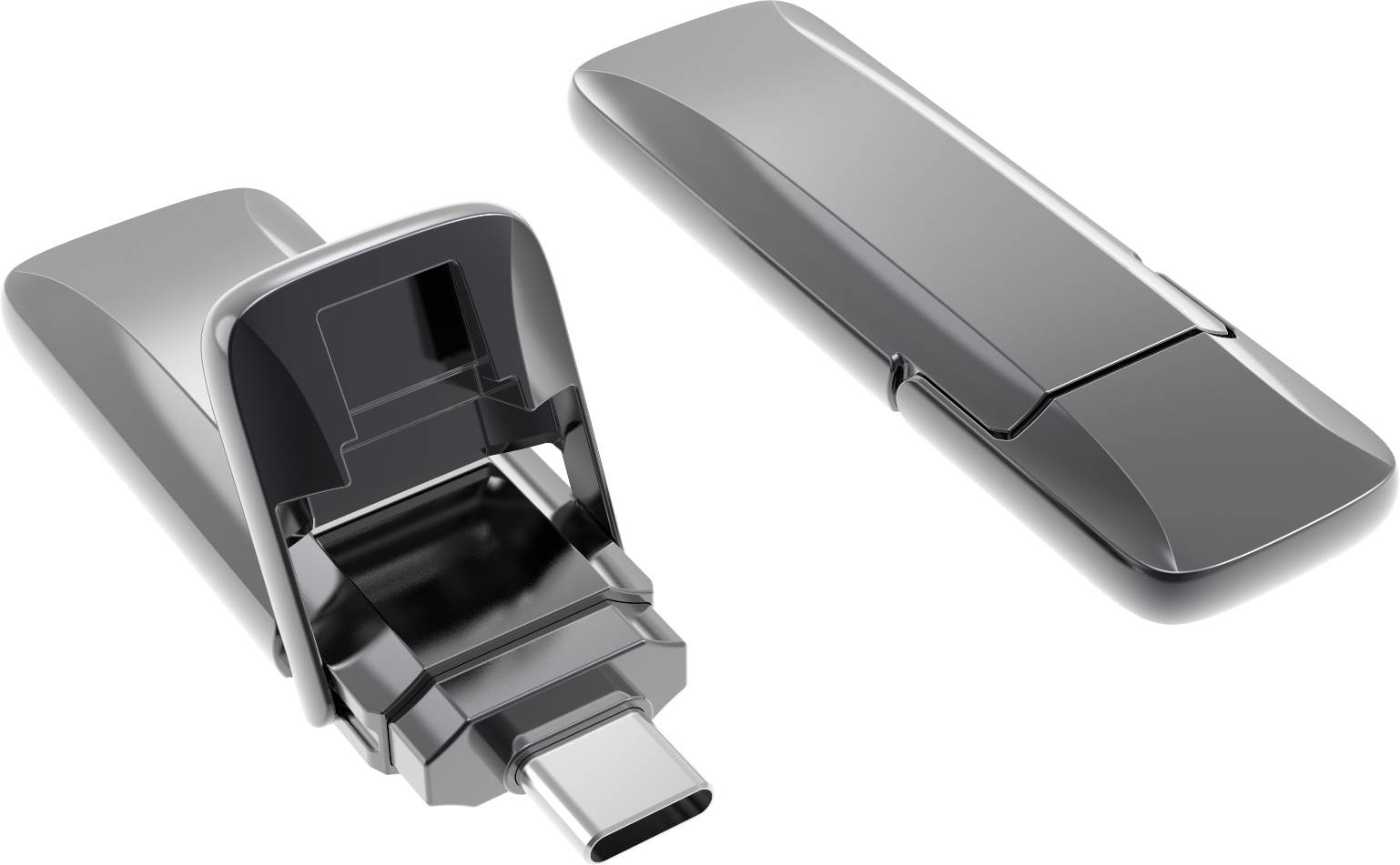 Två USB-stickor, en med öppnad lock som visar en USB-C-port, den andra stängd, båda gråa och eleganta i designen.