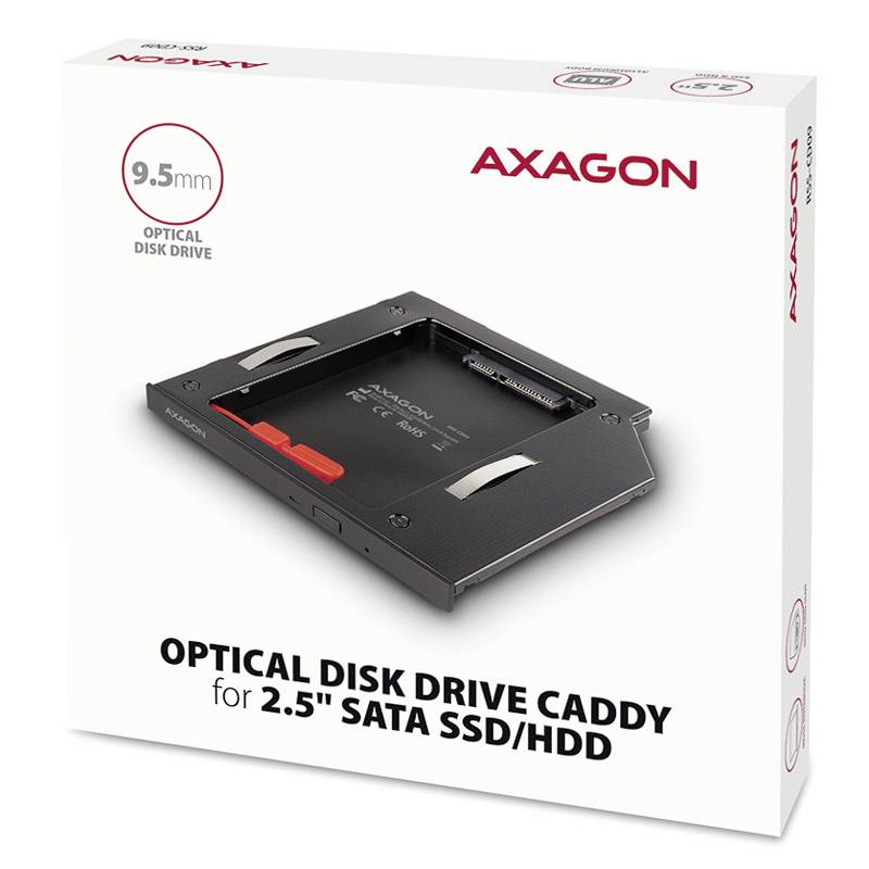 Förpackning för en optisk enhetsadapter från Axagon för 2,5 tums SATA SSD/HDD, 9,5 mm, med en avbildning av adaptern på framsidan.
