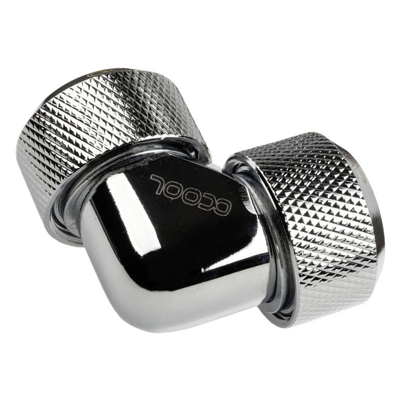 Krom-böjd adapter med räfflad kant för datorkylning. Präglad logotyp 'oCool'. Förbinder slangar i L-form.