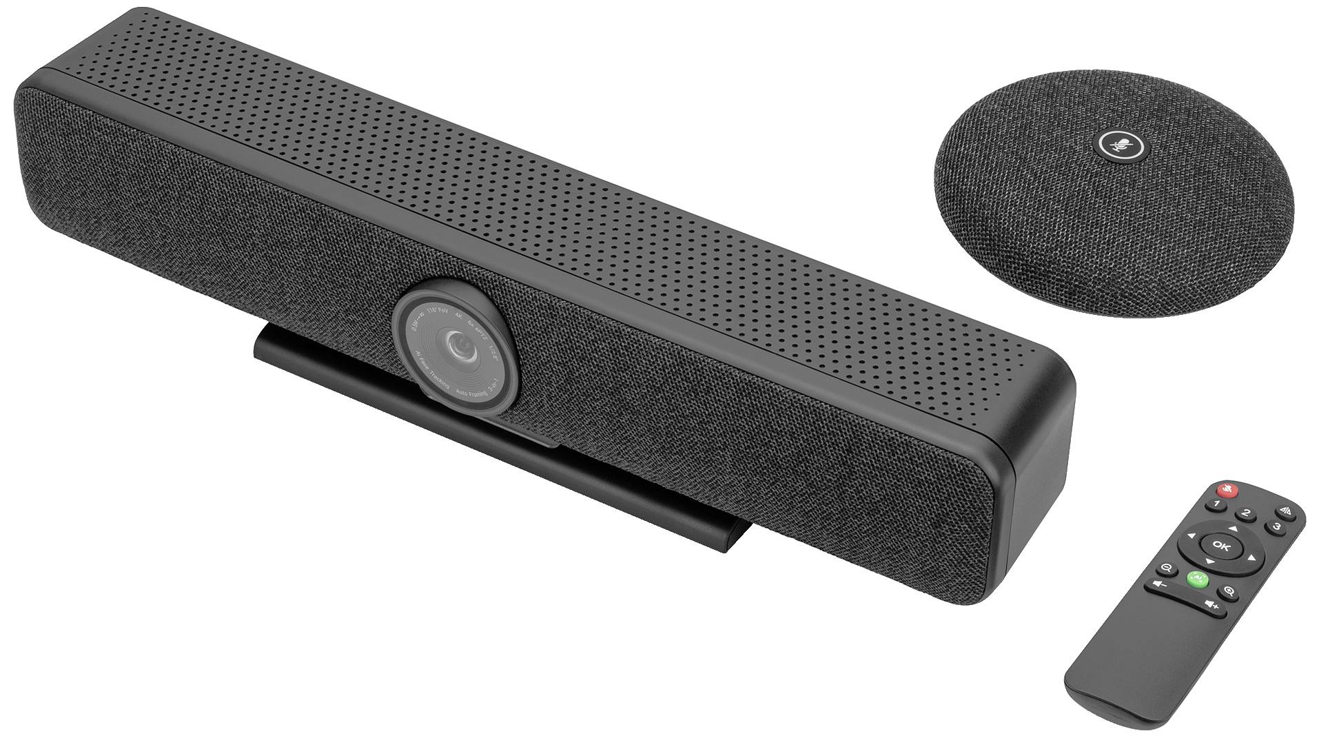 Svart soundbar med inbyggd högtalare och kamera, tillsammans med en rund fjärrkontroll och en separat mikrofon.