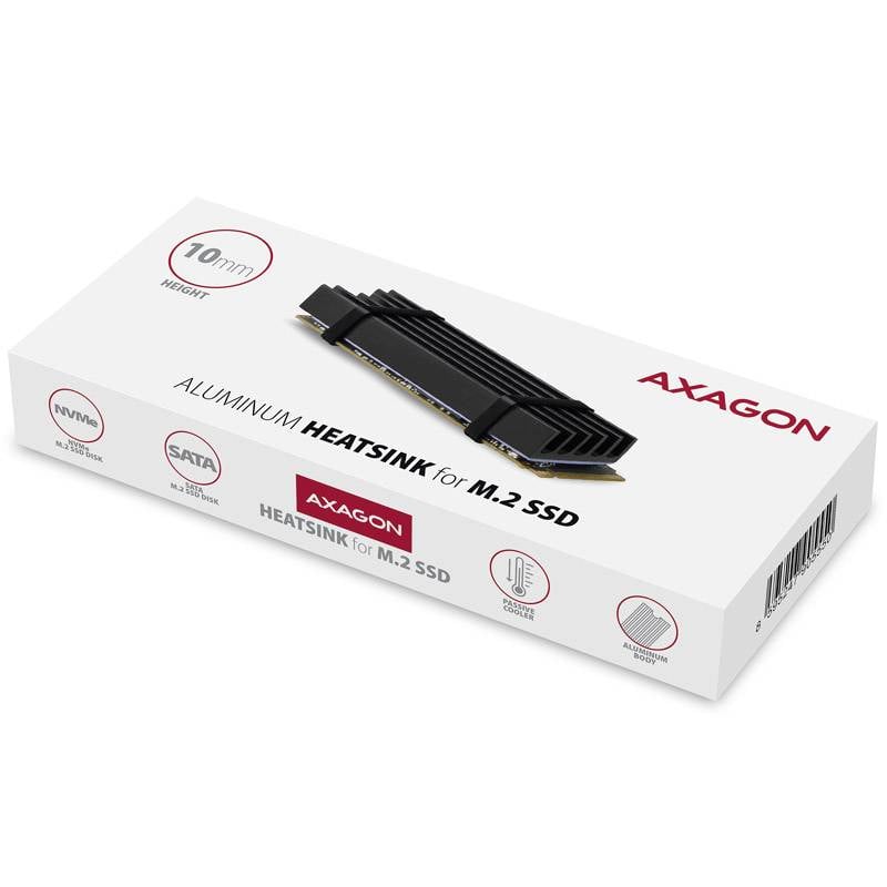 Förpackning för en Axagon aluminiumkylare för M.2-SSD, med tydlig betoning på 10 mm höjd, med illustrationer av funktionerna på kartongen.