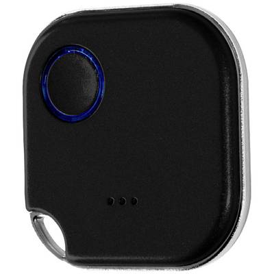 En svart rektangulär Bluetooth-tracker med en rund blå knapp och ett litet hål i hörnet för montering.