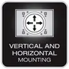 En symbol visar en pil i alla fyra riktningarna, med texten 'Vertikal och horisontell montering', vilket indikerar flexibla monteringsalternativ.