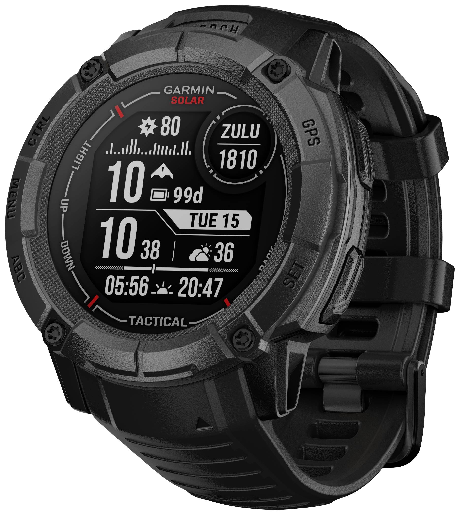 En svart, robust armbandsur med digitalt display visar tid, datum och fitnessuppgifter. Den har GPS-funktion och solenergiindikator.