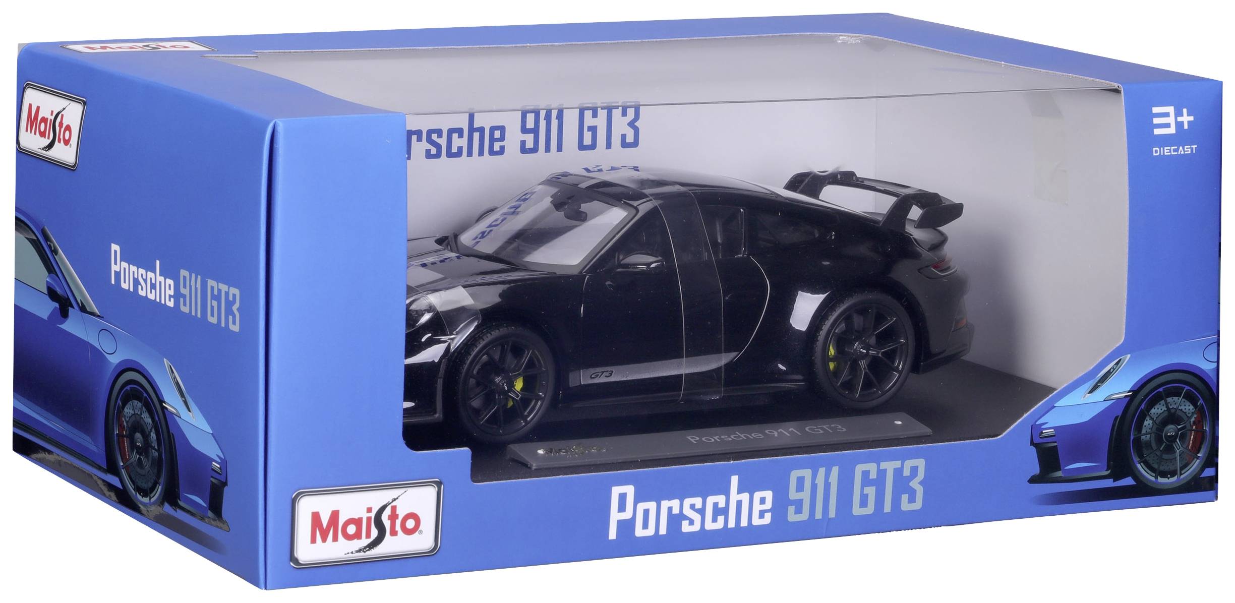 Miniatyrmodell av en svart Porsche 911 GT3 i skala 1:24 i en blå förpackning från Maisto, lämplig för barn från 3 år och uppåt.