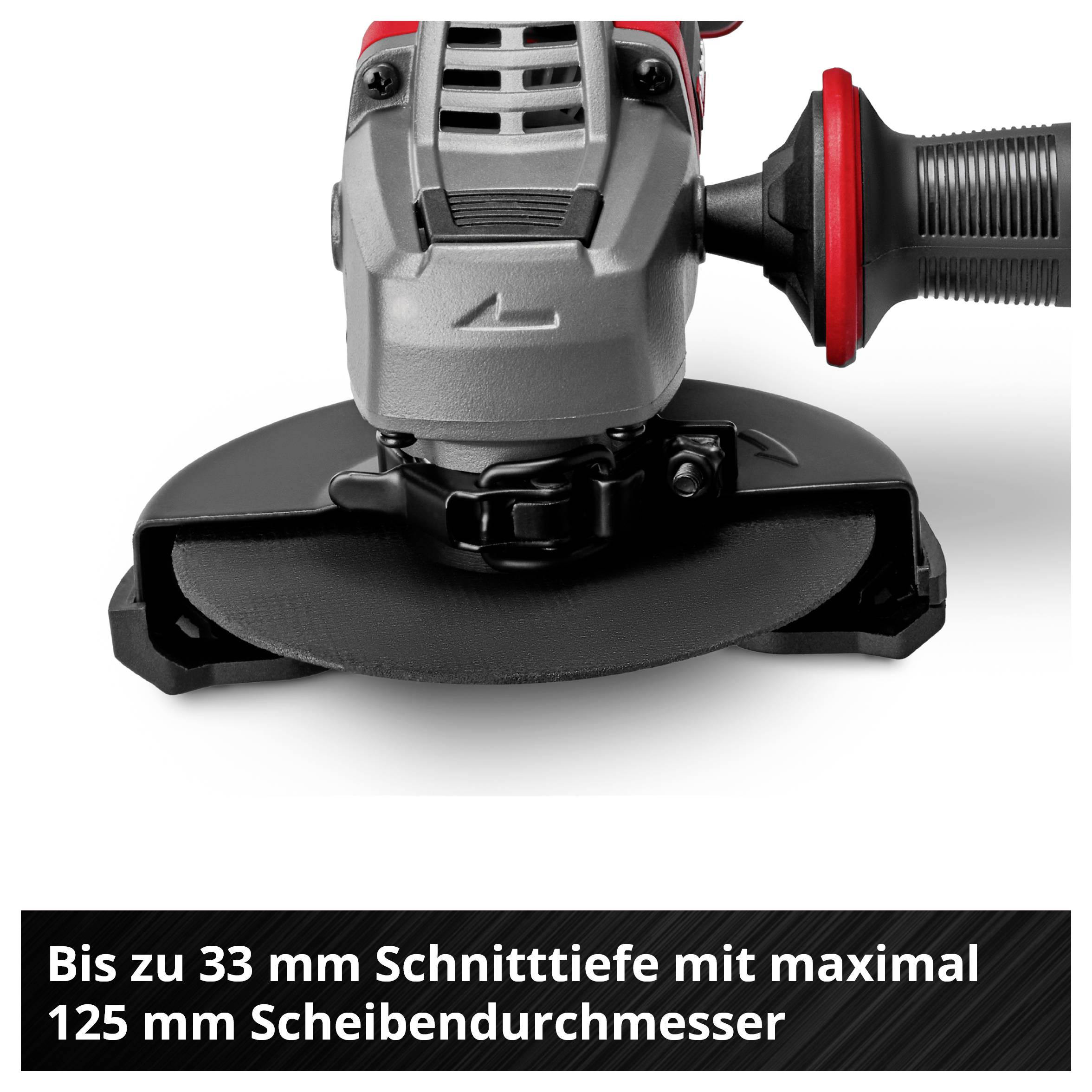 Vinkelslipar med skyddshölje och extra handtag; Text: 'Upp till 33 mm skärdjup med maximalt 125 mm skivdiameter'