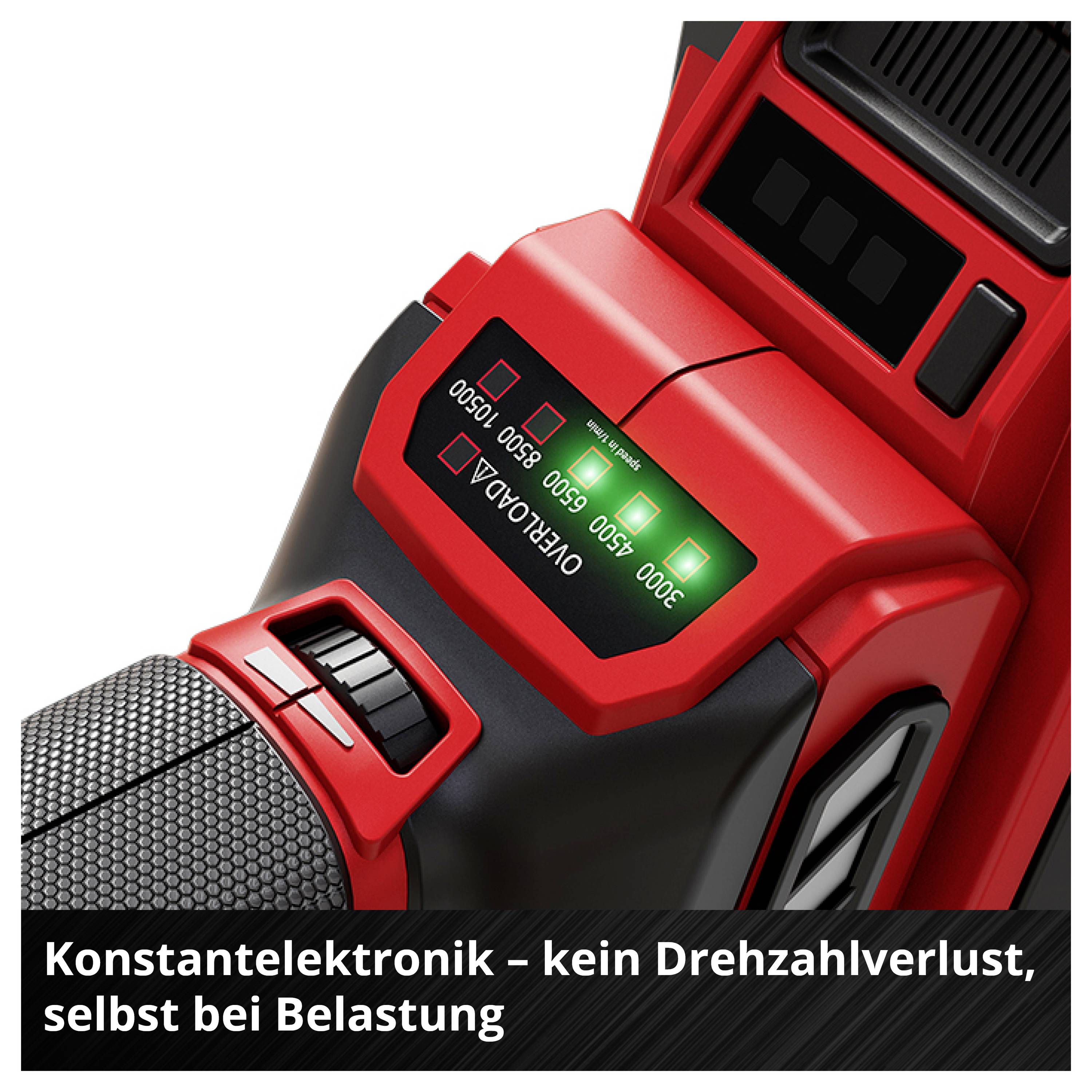 Röd acku-borrskruvdragare med display "Konstantelektronik – ingen varvtalförlust, även under belastning", som signalerar konstant prestanda.