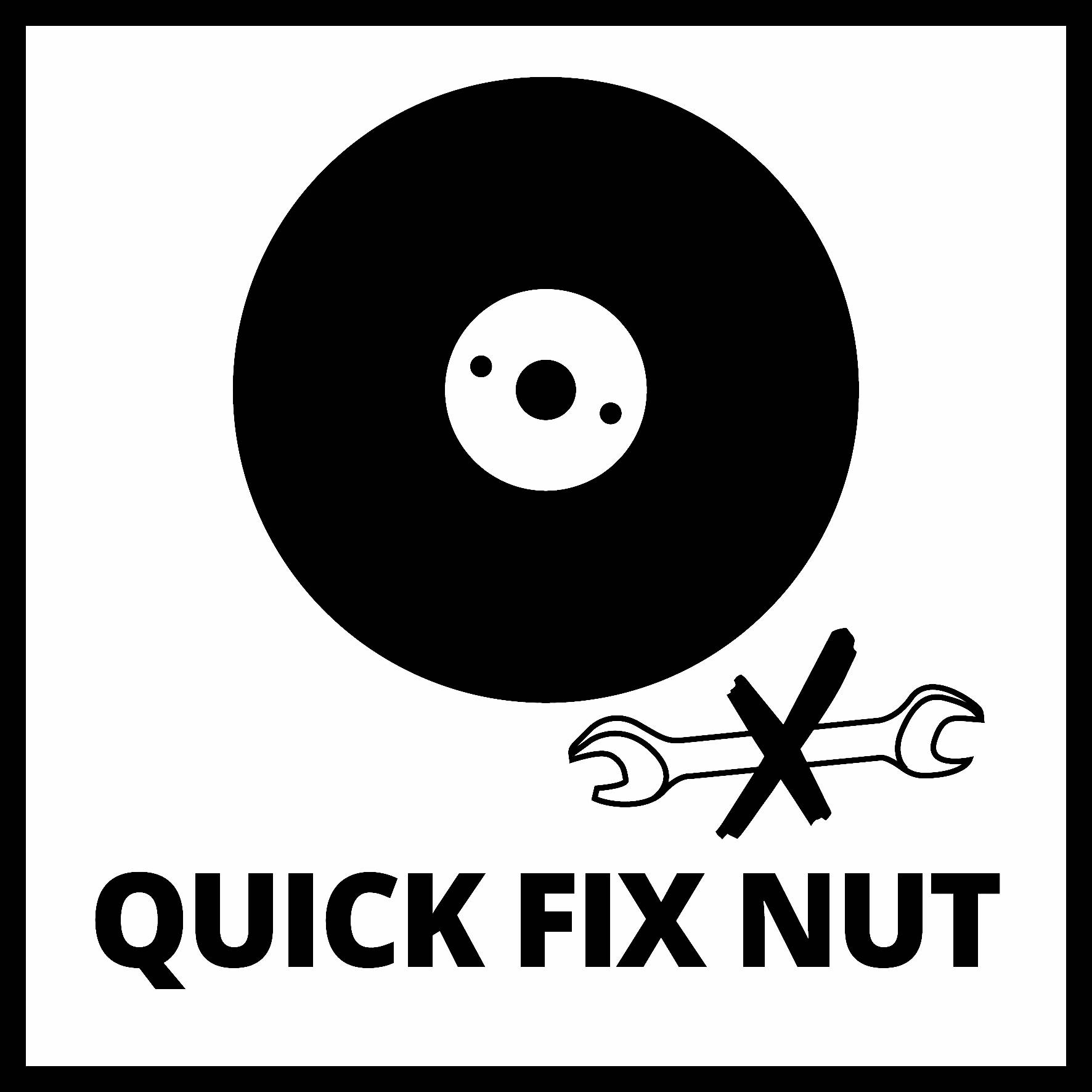 En symbolbild visar en vinylskiva och korsade skiftnycklar. Under texten står det: 'QUICK FIX NUT'.