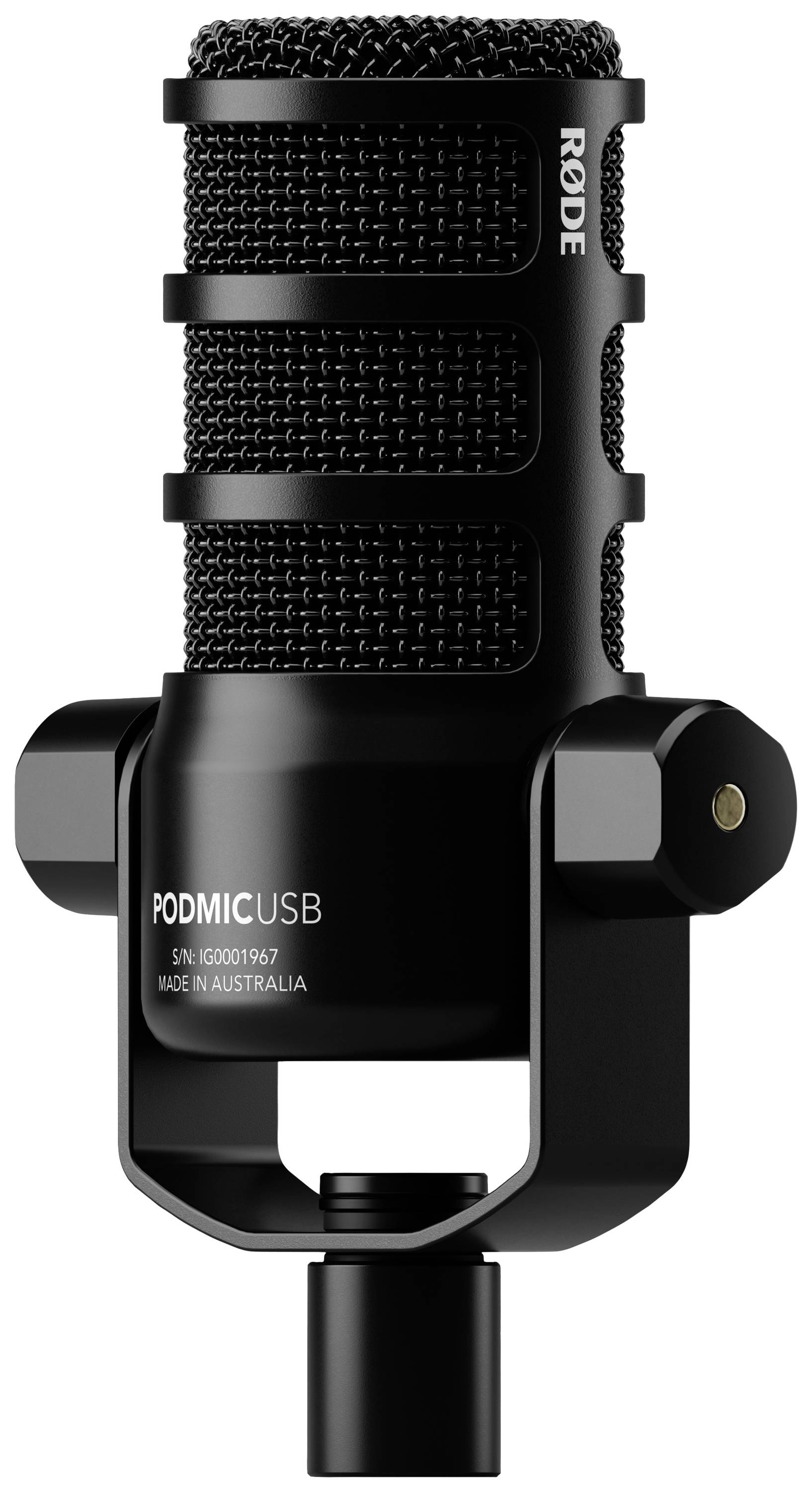 'RØDE PodMic USB' Mikrofon i svart, lämplig för podcast-inspelningar. Robust metallkropp med integrerad svängbar hållare.