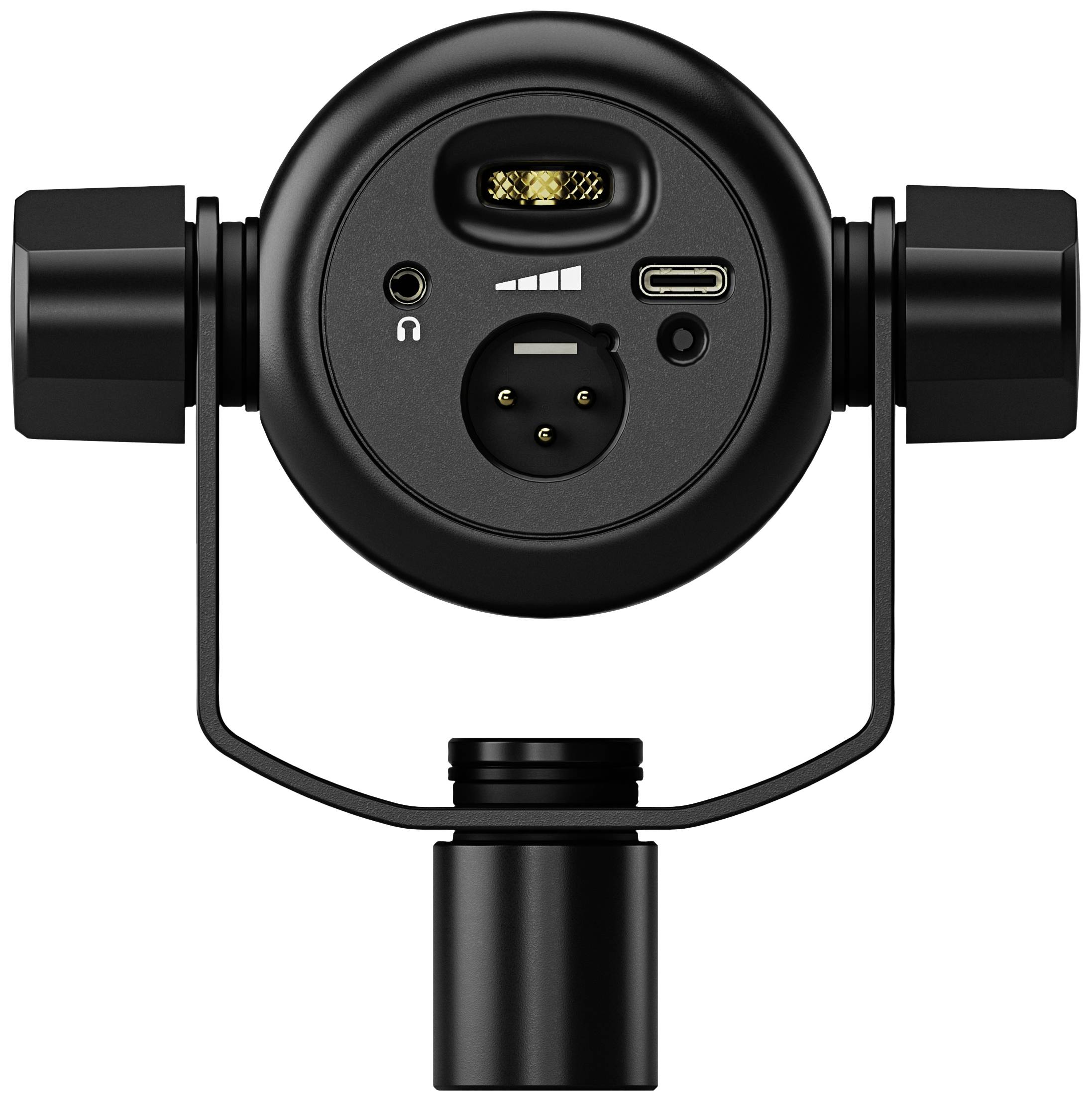 Rundad mikrofonanslutning med flera gränssnitt och anslutningar, inklusive USB-C, hörlurs- och audiouttag.