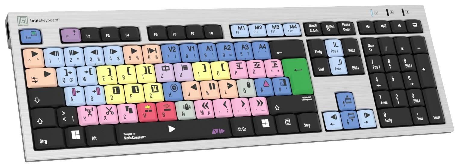 Logickeyboard Avid Media Composer Slim Sladd Tangentbord Tyska, QWERTZ Grå Multimediaknappar, USB-hub, Tysta knappar
