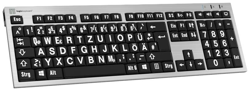 Logickeyboard XL-Print Sladd Tangentbord Tyska, QWERTZ Grå Multimediaknappar, USB-hub, Tysta knappar