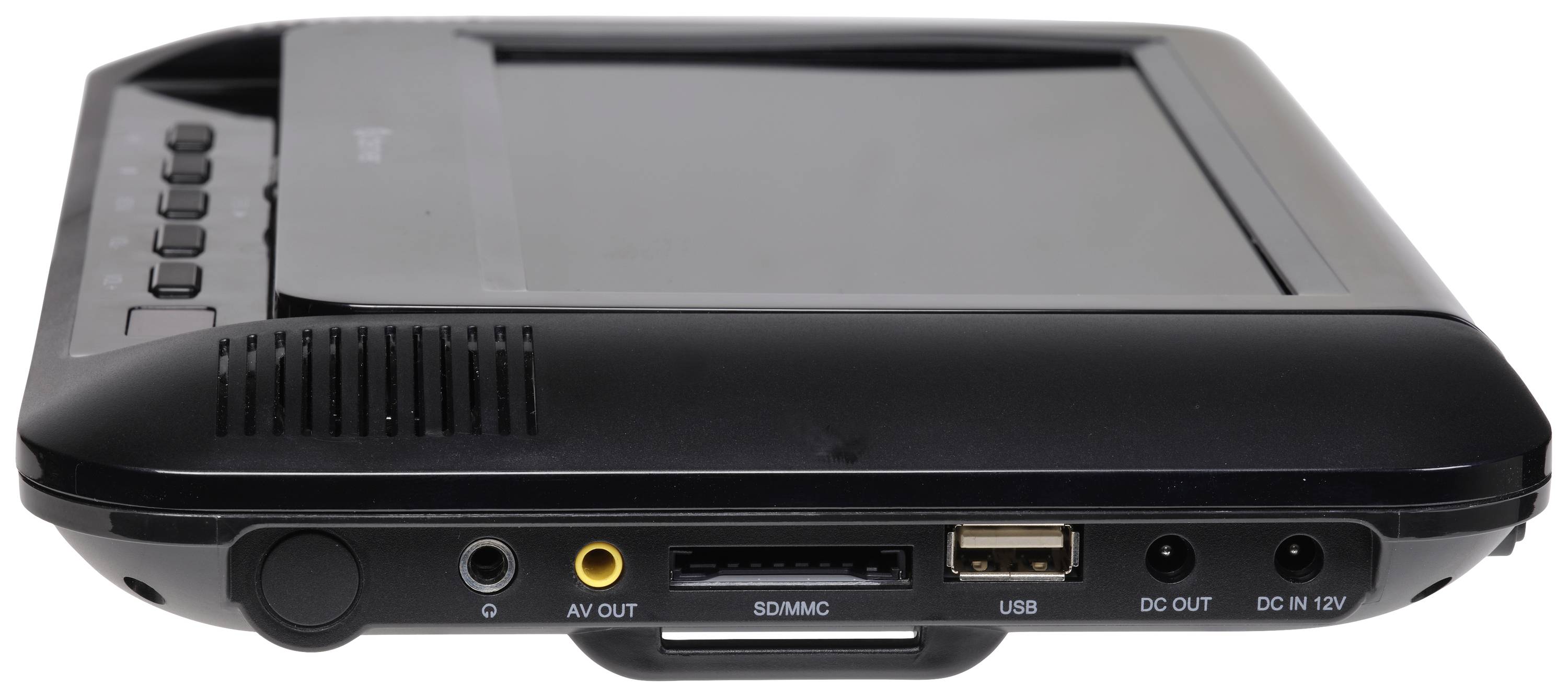 Bärbar DVD-spelare i sidovy, visar anslutningar för AV-utgång, SD/MMC-kort, USB, DC-ingång och 12V strömförsörjning.