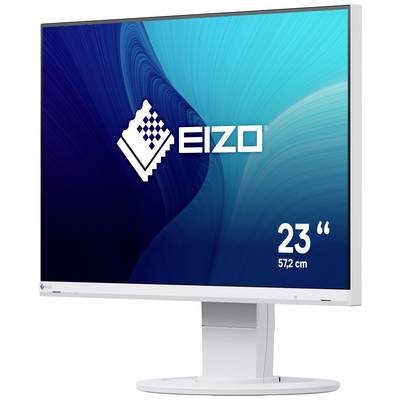 En vit datorskärm från märket EIZO med en skärmstorlek på 23 tum (57,2 cm) framför en blå, abstrakt bakgrund.