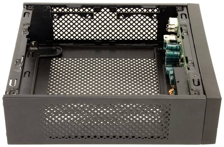 Svart, tomt datorhölje med öppna sidor och synliga ventilationsöppningar, lämpligt för individuella PC-konfigurationer.